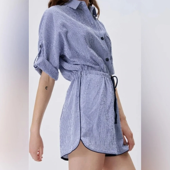 Zara Blue/White Striped Seersucker Button down playsuit Romper drawstrings Sz S - Picture 1 of 12